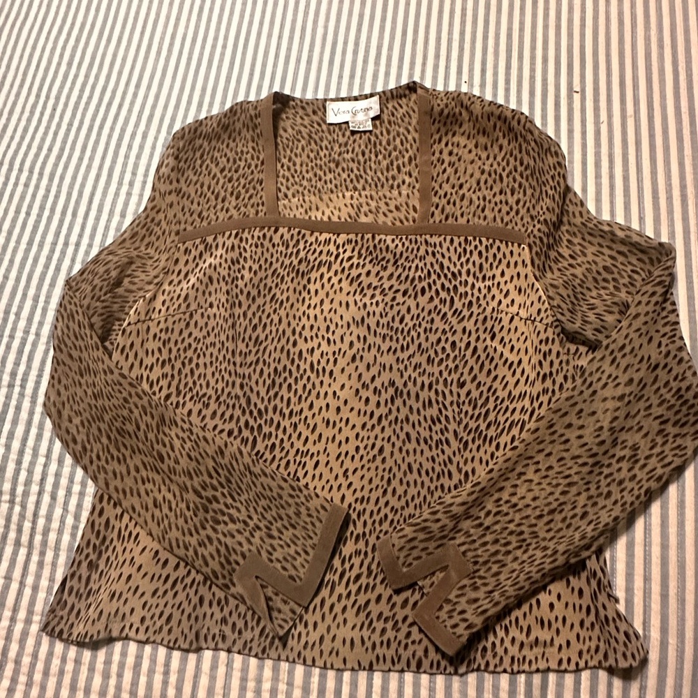 Vera Cristina 100% Silk Animal Print Blouse Brown Square Neck Long Sleeve‎ Top